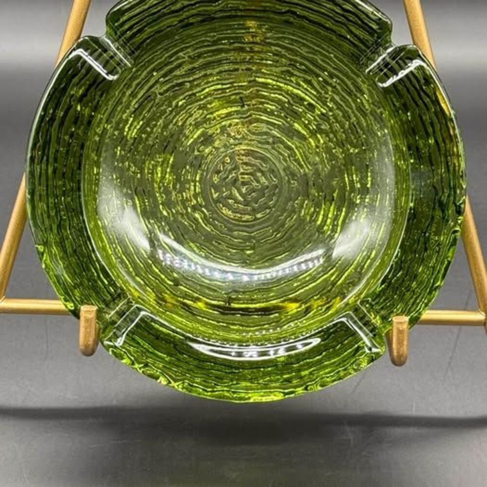 Vintage MCM Anchor Hocking Soreno Avocado Green Textured Glass Ashtray 6.25”
